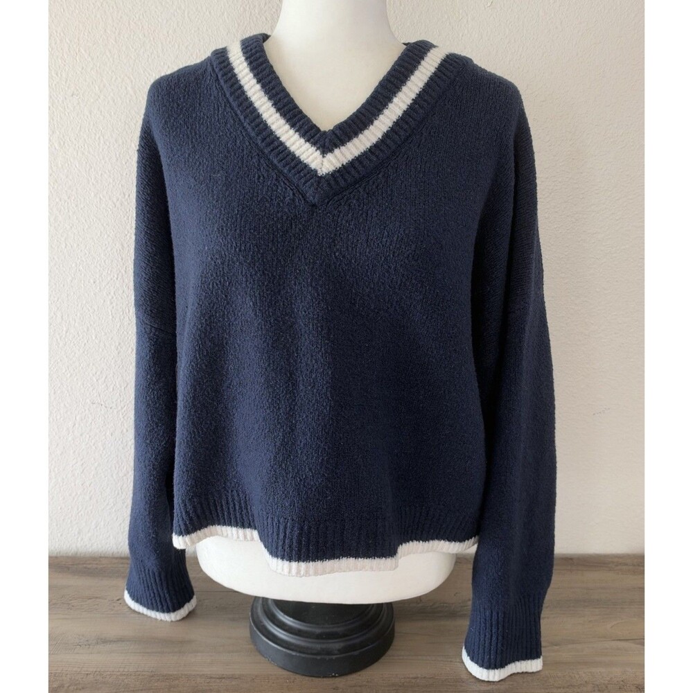 VTG Abercrombie & Fitch Wool Blend Varsity Crop Sweater Navy Blue Medium Y2K